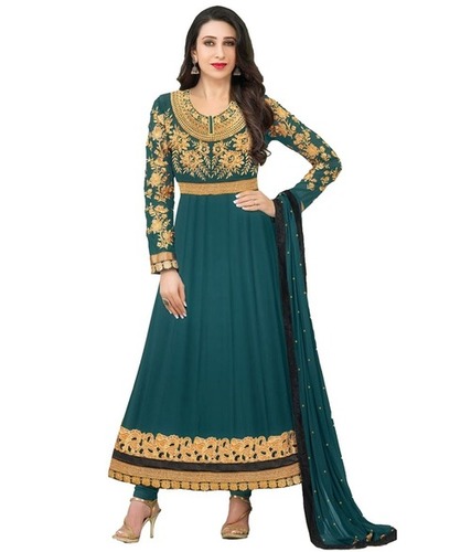 DESIGNER SALWAR SUIT - Georgette Top, Santoon Bottom, Chiffon Dupatta, Green, Free Size | Embroidery Work, Wedding & Party Wear, Semi-Stitched