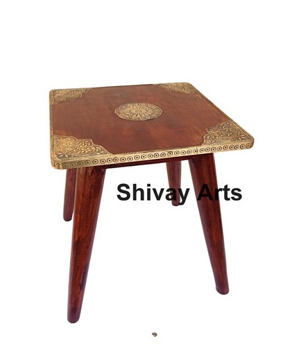 Wooden & Brass Stool Table Bedside Table