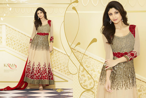 Long Salwar Kameez - Georgette, Embroidered Cream and Red , Trendy Ethnic Party and Bridal Wear