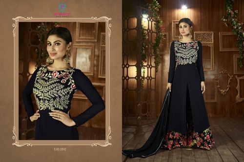 Designer Salwar Suit - Top Georgette, Heavy Santoon, Black Embroidered | Elegant Bridal and Party Wear, Ethnic Indian Style