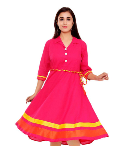 Designer Kurti - Cotton Fabric, Free Size, Pink Color | Semi Stitched, Party Wear with Colour Print and Patch Border Work
