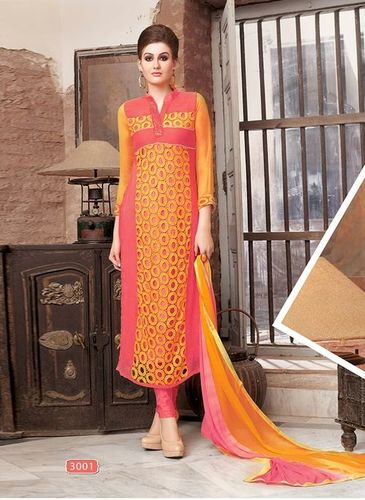 Embroidered Salwar Kameez - Pure Georgette Top, Santoon Bottom, Chiffon Dupatta, Orange Color | Lightweight, Smooth Texture, 3/4 Sleeves, Excellent Finish