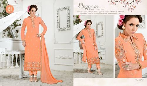 Embroidered Churidar Suit - Georgette, Light Orange, Full Sleeves | Lightweight, Smooth Texture, Wrinkle Free, Excellent Finish