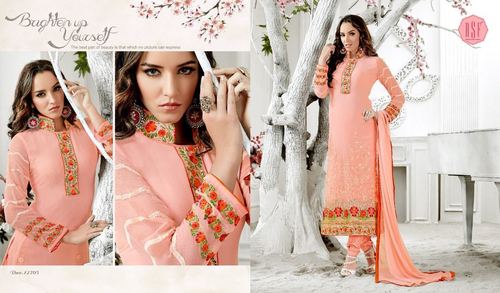 Embroidered Salwar Kameez - Georgette Top, Indo Cotton Bottom, Peach Color | Full Sleeves, Lightweight, Smooth Texture, Wrinkle-Free