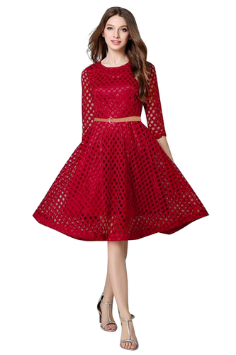DESIGNER WESTERN DRESS - Lace, S-XXL, Maroon | Elegant A-Line, Knee-Length, Three-Quarter Sleeves, Machine/Hand Wash