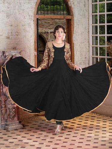 Embroidered Jacket Anarkali Suit - Georgette, Black Color, Full Sleeves | Lightweight, Smooth Texture, Excellent Finish