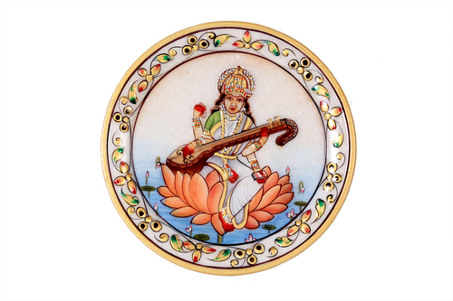 Indian Antique Marble Saraswati Painted Plate