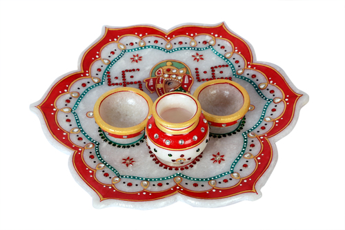 Indian Antique Marble Flower Pooja Thali