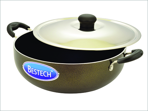 Non-Stick Kadhai - Aluminum 28cm, 2mm Thick, Bakelite Handle | Durable, Even Heating, Fast Cooking, Stainless Steel Lid