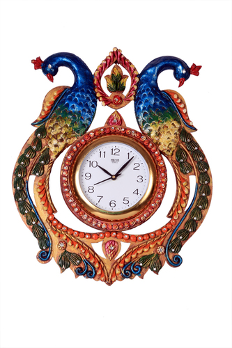 Antique Double Peacock Clock Paper Masi - Wood Metal 12x12 Inches Blue, Quartz Movement, Handcrafted Wall Decor