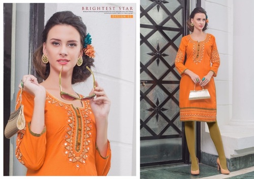 Cotton Kurtis Online Shopping - Cotton, Size L & XL, Orange, 3/4 Sleeve, Simple Style | Perfect for Ladies, Plain Patterned Elegance