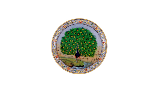 Indian Antique Dancing Peacock Marble Plate 9"