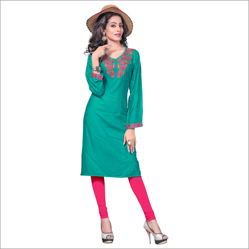 Ladies Fancy Kurti - Rayon, Sizes L/XL/XXL, Available in 10 Vibrant Colors - Embroidered 3-4th Sleeve, Perfect for Daily and Ethnic Wear
