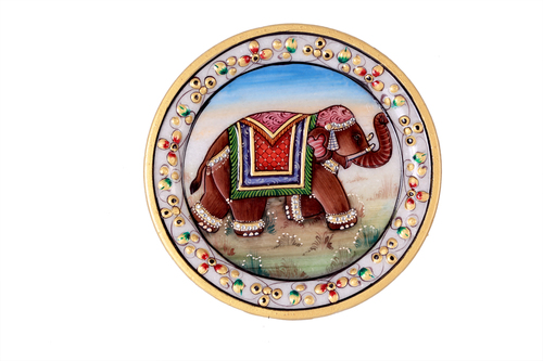 Antique Elephant Painting Marble Plate 6" Use: Home Decoration
