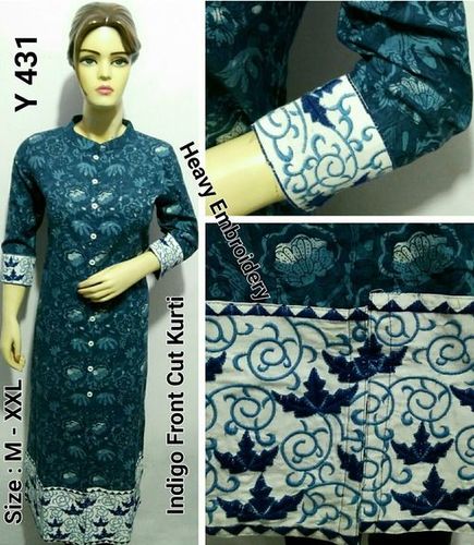 Indigo Cotton Kurti - Cotton, M-XXL, Indigo | Soft Fabric, Stylish Design, Comfortable Fit, Breathable, 3/4 Sleeves, Mandarin Collar, Printed Pattern
