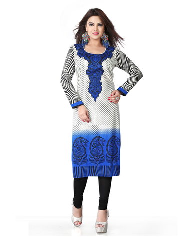 Beautiful Printed Crepe Kurti - Cotton Blend, Sizes S to XXXL, White and Blue Color | Breathable, Washable, Customized Logo Design for Ladies