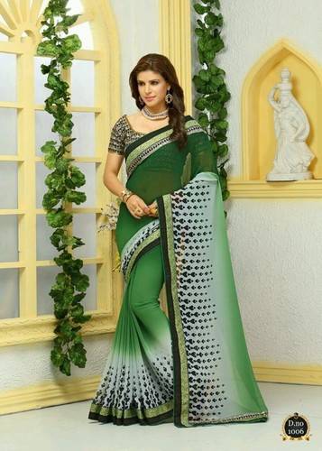 Exclusive Fancy Designer Party Wear Saree - Pure Regha Georgette, Approx 6.30 Meter, Green Color | Bollywood Style, Velvet Pure Silk Blouse, Printed Pattern