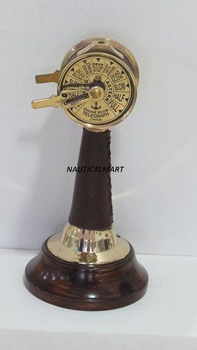 7" Leather Brass Titanic Engine Room Telegraph With Wooden Base Home Decor