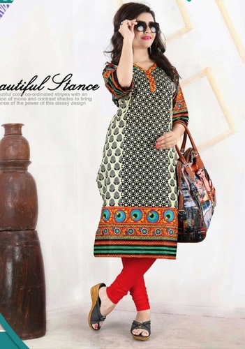 Designer Kurtis - Printed Patterned Fabric, Mix Color for Ladies, 3-4th Sleeve, Available in L & XL Sizes