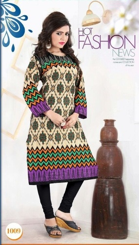 Women Designer Kurtis - Printed Mix Colors, 3-4th Sleeve Style, Available in Large & XL Sizes