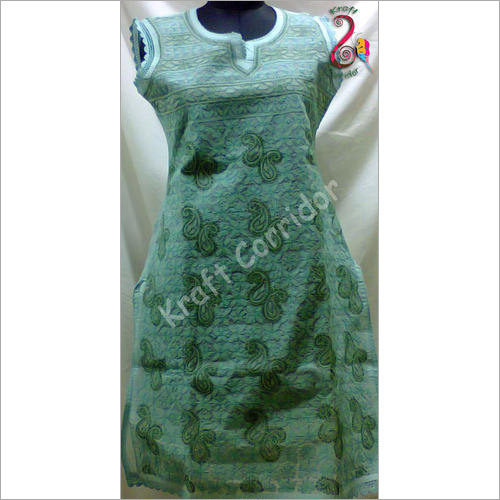 Green Embroidery Chikan Sleeve Less Kurti