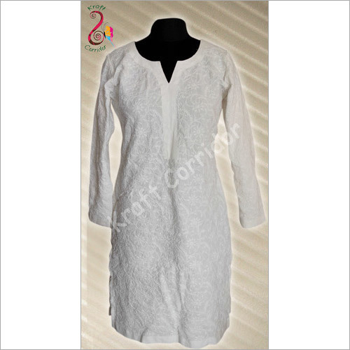 White Chikan Kurti Full Embroidery