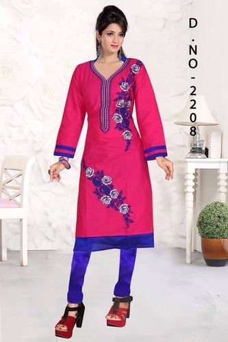 Pink Embroidered Cotton Kurti - Cotton, Size L/XL, Pink, Long Sleeve | Simple Design with Printed Pattern for Ladies