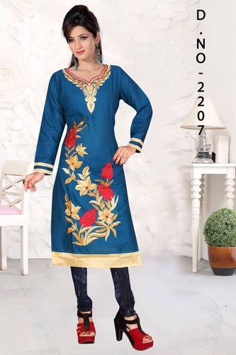 Blue Embroidered Cotton Kurti - Cotton, L & XL Sizes, Blue Color, Long Sleeve Style, Printed Pattern | Simple Design for Ladies