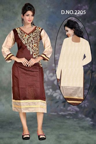 Brown Embroidered Cotton Kurti - Cotton, Size L/XL, Color Brown | 3/4th Sleeve, Printed Pattern, Simple Style for Ladies