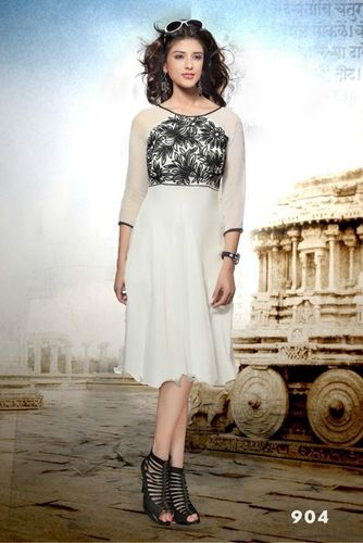 Printed White And Black Embroidered Cotton Kurti