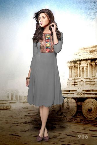 Cream Embroidered Cotton Kurti - Cotton, Size L/xl, Grey | 3-4th Sleeve Style, Women's Simple Design With Elegant Embroidery