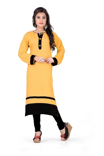 Indian Ladies Kurtas - Cotton Blend, Sizes XS-XXXL | Breathable, Washable, Trendy Long Sleeve, Plain Yellow & Black Design