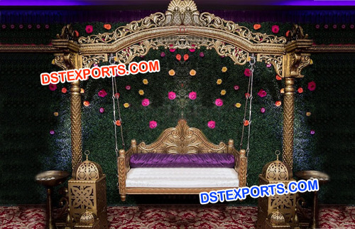 Designer Peacock Metal Swing - Metal & Wood, Varied Sizes, Gold | Elegant Design, Intricate Hand-carving, Comfortable Seating, Royal Look