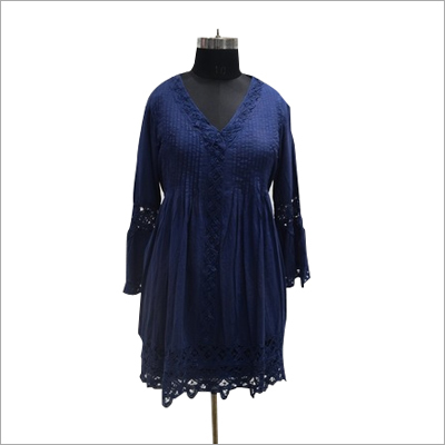 High Fashionable Tunics Tops - Rayon, Knee-Length, Blue | Lace Embellishment, V-Neck, Bell Sleeve, Stylish Design, Comfortable Fit, Elegant Look, Versatile Style, Durable Material, Easy to Wash