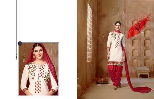 Patiyala Suit - Cotton Cambric Fabric, Size L/XL/XXL | Off White & Red With Full Sleeves, Embroidery Work & Matching Chiffon Dupatta