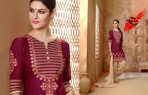 Maroon And Beige Cotton Patiyala Suit - Full Sleeves, Embroidery Work & Matching Chiffon Dupatta