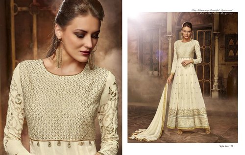 Designer Anarkali Dress - Faux Georgette and Santoon Silk, White with Embroidered Full Sleeves and Net Dupatta
