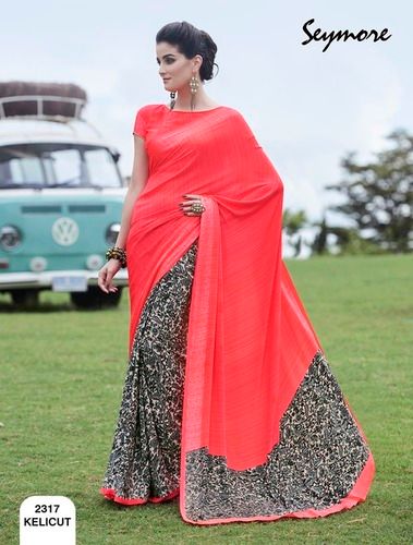 Peach Half Half Printed Saree