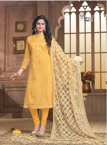 Stylish Designer Party Wear Salwar Kameez Suit - Cotton, Size: M/L/XL, Color: Yellow | Full Sleeves, Chanderi Pleating Work, Quick Dry, Washable
