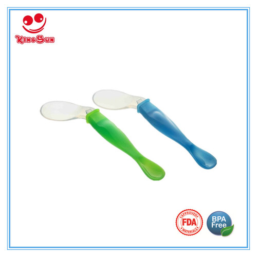 Green/Blue Or Custom Silicone Infant Feeding Spoon With Curved Handle