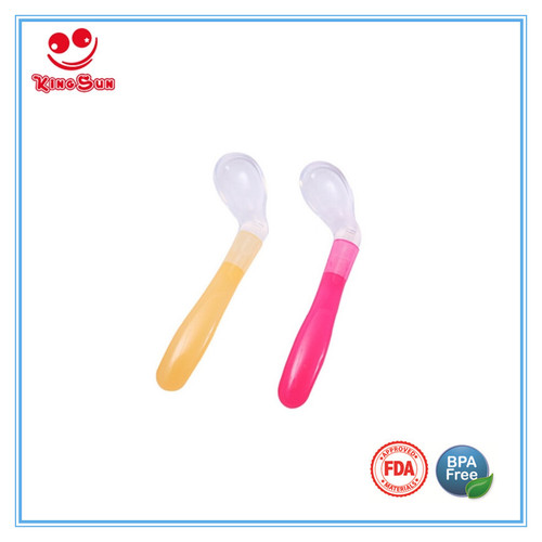 Yellow Red Curved Shape Silicone Feeding Spoon For Newborns