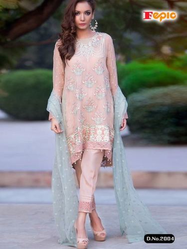 Fashionable Designer Party Wear Salwar Kameez Suit - Georgette Top, Heavy Santoon Bottom with EMB Patch, Net Nazmeen Dupatta, Light Peach | Full Sleeves, Washable, No Fade, Seasonal Elegance