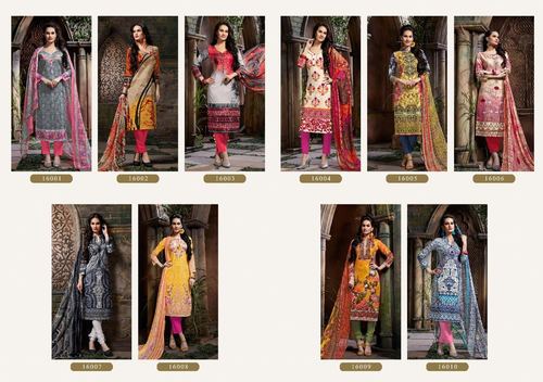 Camric Cotton Print Suits - Azara Vol 16, 60cm Top, Dyed Bottom, Printed Dupatta, Soft Comfortable Fit