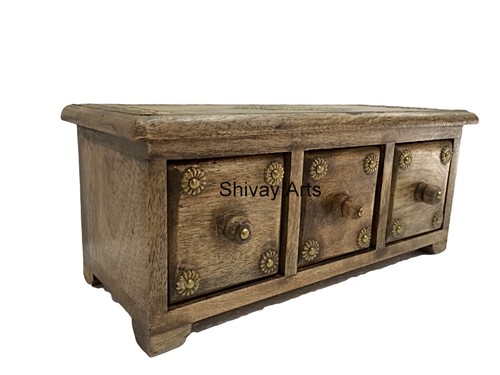 Wooden & Brass Small Chest Of 3 Drawers / Jewellery Organiser