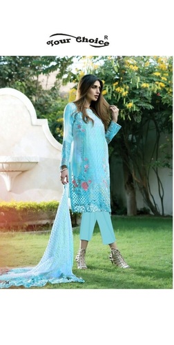 Party Wear Designer Salwar Kameez Suit - Foux Georgette Cotton Blend, Sky Blue with Embroidered Full Sleeves | Breathable, Washable, Suitable for Rainy and Summer Seasons