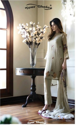 Stylish Designer Party Wear Salwar Kameez Suit - Foux Georgette Santoon Nazmeen EMB, Gray Chiffon Fabric, Short Sleeves, Breathable, Embroidered Pattern