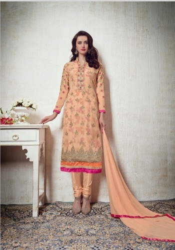 Fashionable Designer Party Wear Salwar Kameez Suit - Georgette Top, Santoon Print Bottom, Peach Color, Full Sleeves, Embroidered Design, Washable | Quick Dry, Breathable, Suitable for All Seasons