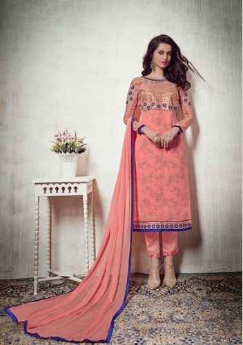 Party Wear Designer Salwar Kameez Suit - Georgette Top, Santoon Print Bottom, Peach Color, Full Sleeves, Printed Pattern, Laces Decoration, Washable, For All Seasons