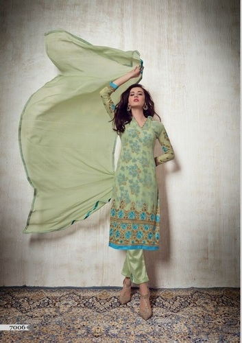 Stylish Designer Party Wear Salwar Kameez Suit - Cotton Material, Full Sleeves, Light Green Color, Printed Pattern, Embroidered Details | Breathable, Dry Clean, Washable, For All Seasons