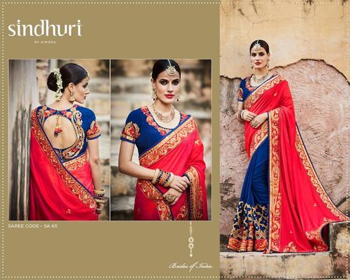 Blue & Red Buy Embroidered Work Designer Saree Online